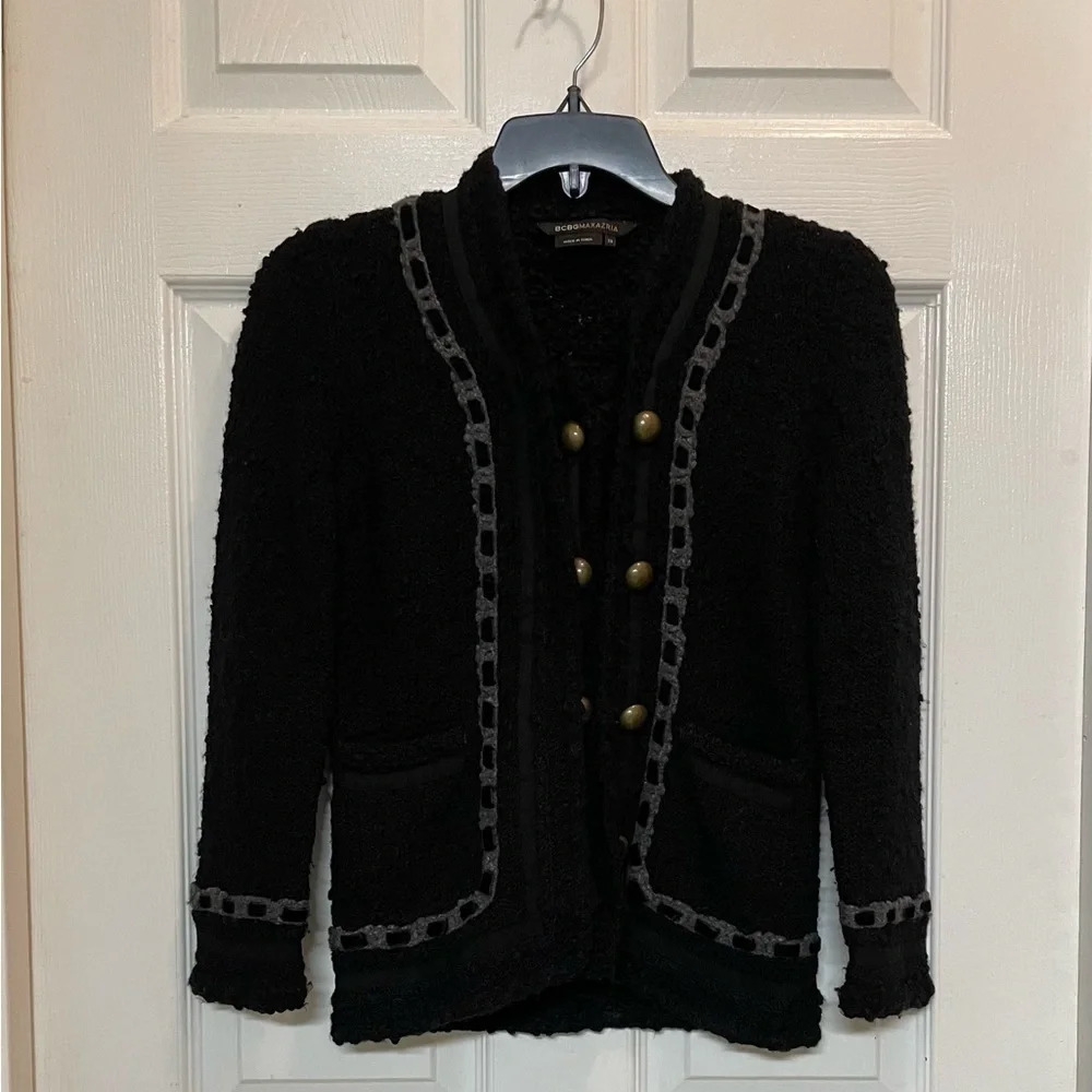 BCBG Max Azria Black Wool Boucle Knit Cardigan Classic Old Money Preppy XS